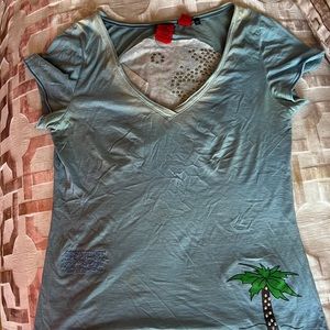 A&G embellished tattoos faded colors blue t- shirt L